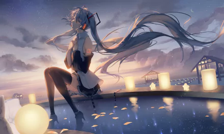 HD anime desktop wallpaper featuring Hatsune Miku by a glowing pond under a twilight sky, blending Vocaloid aesthetics with serene, atmospheric lighting.