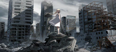 Anime-style HD desktop wallpaper depicting a lone figure in white standing amid crumbling skyscrapers in a desolate, post-apocalyptic cityscape under a cloudy sky.