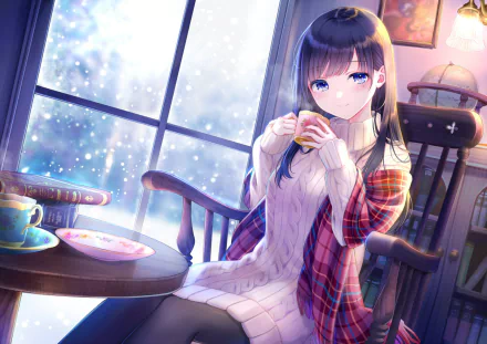 Anime-style HD desktop wallpaper of a girl with purple eyes sitting in a chair by a window with snowfall outside, holding a cup in a cozy, softly lit room.