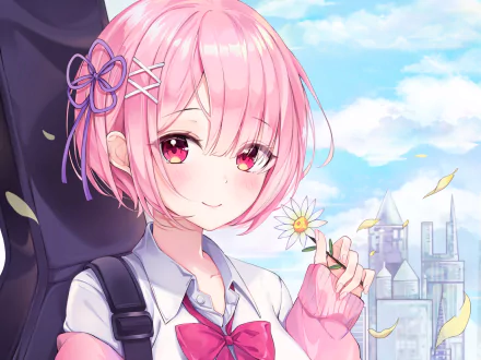 HD anime desktop wallpaper of Ram from Re:Zero - Starting Life in Another World, featuring her with pink hair holding a white flower against a bright cityscape backdrop.