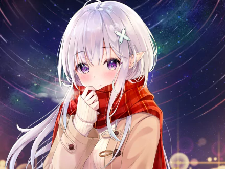 HD PC desktop wallpaper featuring Emilia from the anime Re:Zero - Starting Life in Another World, showcasing her with white hair, purple eyes, and a red scarf against a starry background.