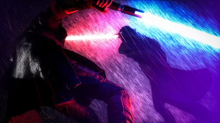 Epic 4K Ultra HD wallpaper from Star Wars Jedi: Fallen Order video game, featuring an intense lightsaber duel in the rain with vibrant red and blue blades.