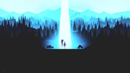 HD PC desktop wallpaper of Selena (Mobile Legends) from the video game Mobile Legends: Bang Bang — silhouetted figure before a radiant beam amid misty pine forests and distant mountains.