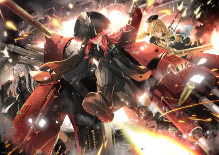 4K Ultra HD Ash Arms video game wallpaper featuring dynamic anime-style characters in intense battle with vibrant explosions and detailed futuristic armor.