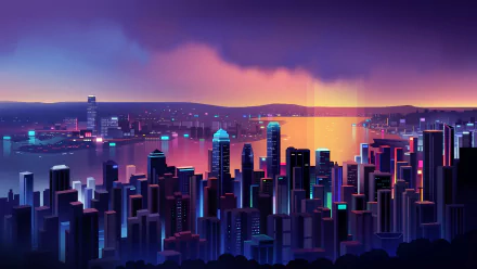 Artistic 4K Ultra HD cityscape wallpaper featuring a vibrant skyline at dusk with glowing buildings and a colorful sky over water.