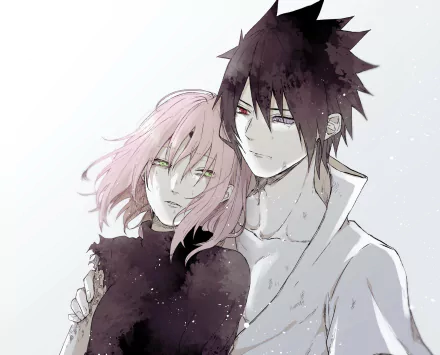 HD anime desktop wallpaper featuring Sasuke Uchiha and Sakura Haruno from Naruto in a close, tender pose with soft, muted colors.