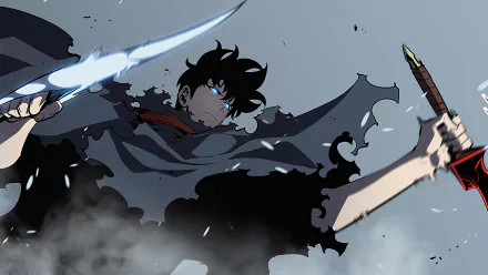 HD desktop wallpaper of Sung Jin-Woo from the anime Solo Leveling, featuring him wielding two glowing swords amidst swirling shadows and a dramatic background.