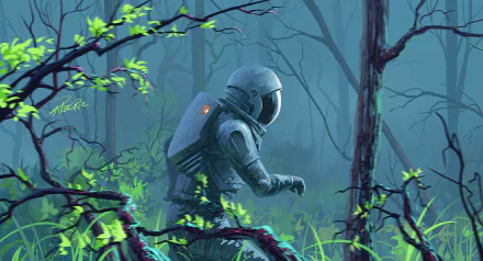 An astronaut explores a dense, vividly colored alien forest in this HD sci-fi desktop wallpaper. The image captures a futuristic, surreal atmosphere with detailed foliage and a misty, otherworldly background.