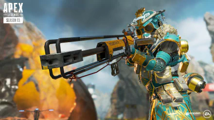 A detailed 4K Ultra HD desktop wallpaper featuring a character from the video game Apex Legends aiming a weapon in a dynamic outdoor setting.