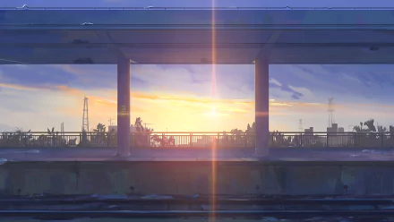 HD anime sunset wallpaper featuring a vibrant original artwork of a glowing sun setting behind an urban bridge, framed by soft clouds in a serene evening sky.