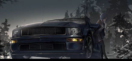 HD anime desktop wallpaper featuring a sleek dark car with a blue-haired anime character leaning against it in a moody, forested nighttime setting.