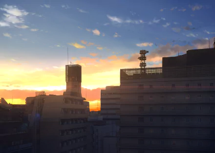 HD anime-style desktop wallpaper featuring a vibrant sunset with clouds and a richly colored sky behind silhouetted urban buildings.