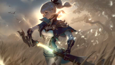HD desktop wallpaper of Jean, a blonde woman warrior with a ponytail, wielding a sword. The artwork is inspired by the video game Genshin Impact and depicts her standing amidst a field with a glowing sword.