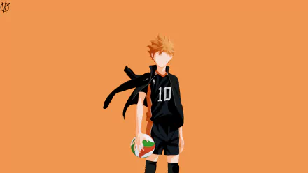 HD desktop wallpaper featuring Shōyō Hinata from the anime Haikyū!!. Hinata stands in an orange background wearing his black volleyball uniform and holding a volleyball.