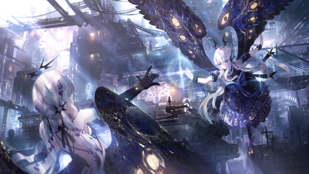 Anime-style HD desktop wallpaper featuring two characters with white hair, blue eyes, and intricate dark wings, set against a detailed futuristic cityscape background.