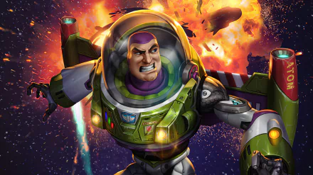 Buzz Lightyear from the Toy Story movie soars through a fiery space battle, vibrant 2K Quad HD PC desktop wallpaper/background.