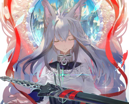 HD anime desktop wallpaper featuring a character with animal ears holding a sword, surrounded by vibrant abstract elements in an original artistic style.