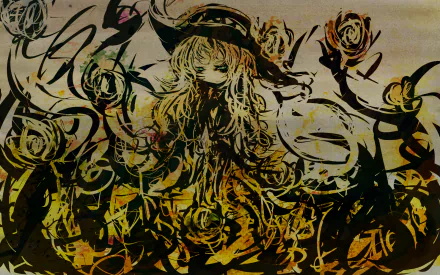 HD PC desktop wallpaper featuring Koishi Komeiji from the anime Touhou, surrounded by abstract swirling patterns and stylized roses in dark, earthy tones.
