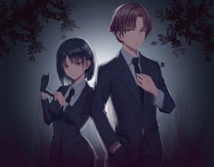 HD desktop wallpaper featuring Suzune Horikita and Kiyotaka Ayanokōji from the anime Classroom of the Elite, both dressed in dark suits against a moody background.
