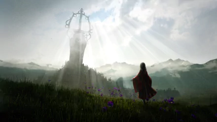 4K Ultra HD Anime-style desktop wallpaper featuring a silhouetted figure standing in a grassy field with purple flowers under a radiant sky and towering mystical structure.