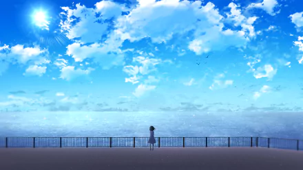 Anime-style HD wallpaper depicting a scenic view of the sea with a bright sun, blue sky, and white clouds. A lone figure stands by a railing, gazing at the ocean.