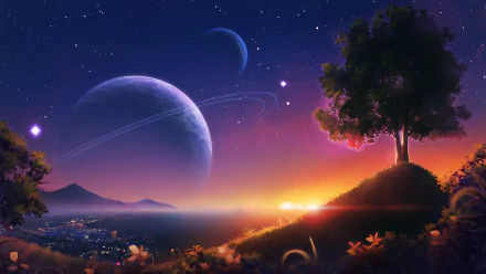 Anime-inspired HD desktop wallpaper featuring a serene sunset sky with planets, stars, a tree, and a cityscape below, creating a tranquil and otherworldly night scene.