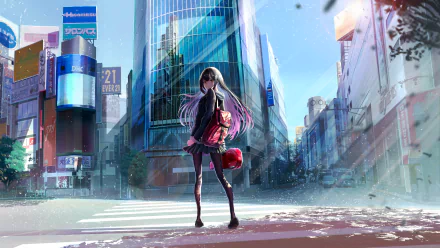 Anime artwork of a girl with long hair standing in a city street. HD desktop wallpaper and background.