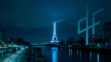 HD PC desktop wallpaper: PNL band logo overlays moody blue night view of the Eiffel Tower reflected on the Seine, evoking music and Parisian skyline.