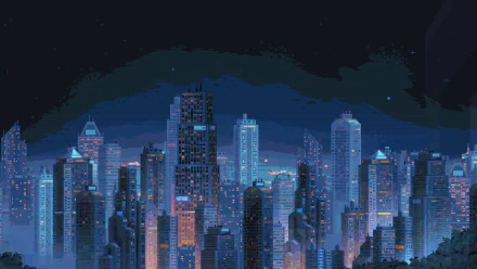 198X video game 2K Quad HD PC desktop wallpaper — pixel-art neon city skyline at night with towering skyscrapers and a starry sky.