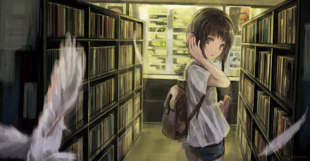 Anime-style 4K Ultra HD desktop wallpaper featuring an original character with short black hair in a library aisle, wearing headphones and carrying a backpack.