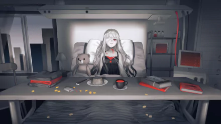 HD anime PC desktop wallpaper featuring an original character with long white hair and striking red eyes, sitting at a table with books, food, and a teddy bear.