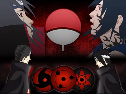 HD wallpaper featuring Itachi and Sasuke Uchiha from the anime Naruto, showcasing their intense confrontation with iconic symbols in the background.