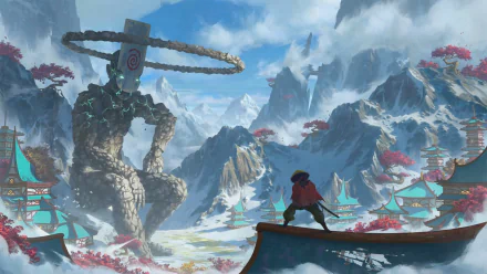 A giant samurai statue stands among snowy mountains, overlooking a village with a lone warrior on a rooftop in this HD fantasy PC desktop wallpaper.