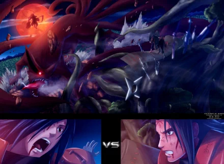 Dynamic HD wallpaper featuring Kyūbi from Naruto facing off against Hashirama Senju and Madara Uchiha, set in a dramatic anime landscape filled with action and energy.