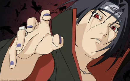 HD desktop wallpaper featuring Itachi Uchiha from the anime Naruto, with an outstretched hand against a dark background with silhouetted birds.