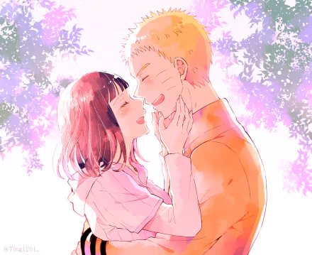 HD wallpaper featuring Hinata Hyuga and Naruto Uzumaki from the anime Naruto. They are sharing a loving moment, surrounded by a soft, colorful background.