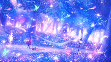 Anime-style forest scene with glowing flowers and butterflies, a cat walking beside a person on a lighted path amidst a fantasy landscape. HD desktop wallpaper and background.