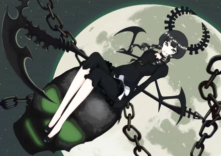 Dead Master from Black Rock Shooter anime sits against a full moon backdrop, holding a large scythe with dark chains in this 4K Ultra HD PC desktop wallpaper.