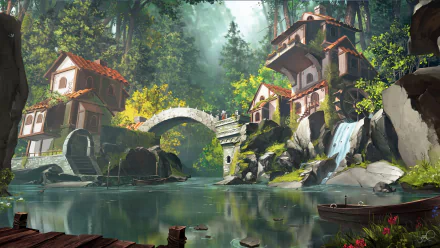 HD anime-style desktop wallpaper with original artwork depicting a serene village by a calm river, featuring charming houses, a stone bridge, and a small waterfall amidst lush greenery.