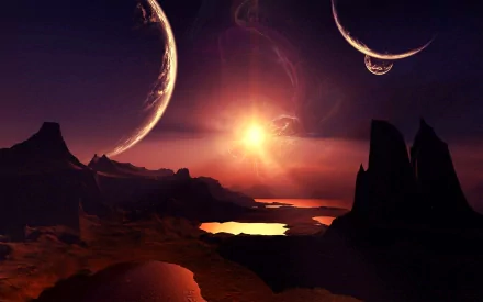 HD desktop wallpaper featuring a sci-fi landscape with an angel. It depicts a stunning sunset over an alien terrain with multiple moons and an ethereal atmosphere.