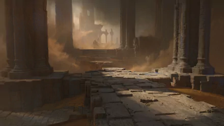 HD fantasy desktop wallpaper depicting ancient, crumbling ruins with stone pillars and a misty, atmospheric background.