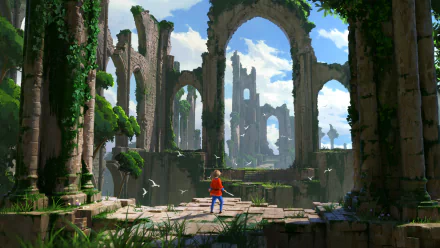 HD desktop wallpaper featuring a fantasy scene of a person in a red cloak standing among ancient ruins, lush with greenery under a clear sky.