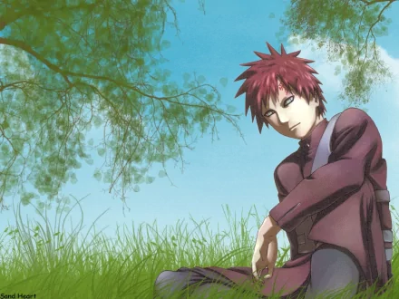 Gaara from Naruto sits thoughtfully in a grassy field under a bright blue sky, captured in vibrant HD quality as a striking anime wallpaper.