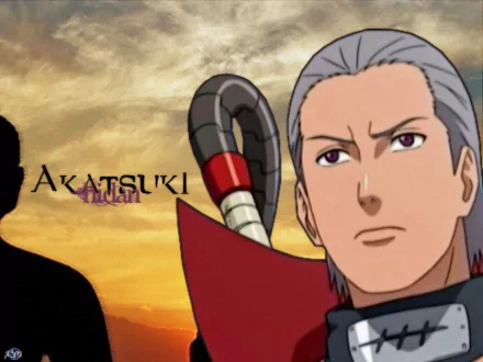 Anime wallpaper featuring Hidan from Naruto, showcasing his distinct character design against a sunset backdrop with the Akatsuki logo in the background.