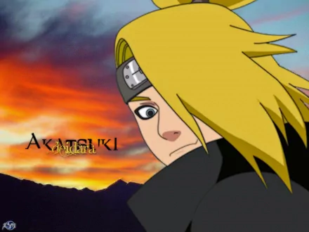 An HD desktop wallpaper featuring Deidara from Naruto, set against a dramatic sunset background with the word Akatsuki prominently displayed.
