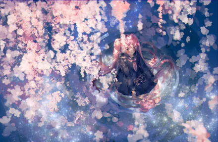 Anime-style Sakura Miku with flowing pink hair sits gracefully in water surrounded by blooming cherry blossoms, captured in a vibrant HD desktop wallpaper.