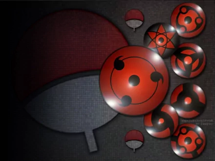 HD desktop wallpaper featuring multiple red and black Mangekyō Sharingan designs from the Naruto anime, set against a dark background.