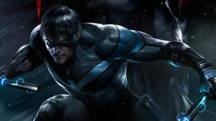 HD PC desktop wallpaper featuring Dick Grayson as Nightwing from DC Comics in a dynamic, action-ready pose with a dark, moody background.