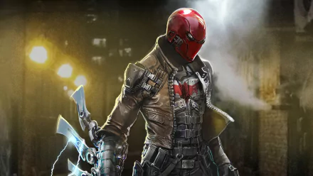 4K Ultra HD wallpaper featuring Red Hood from DC Comics, depicted in detailed combat gear with a red helmet, set against a moody urban background.