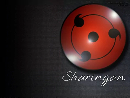 HD desktop wallpaper featuring the Sharingan symbol from the anime Naruto, with a dark background and Sharingan text at the bottom right corner.